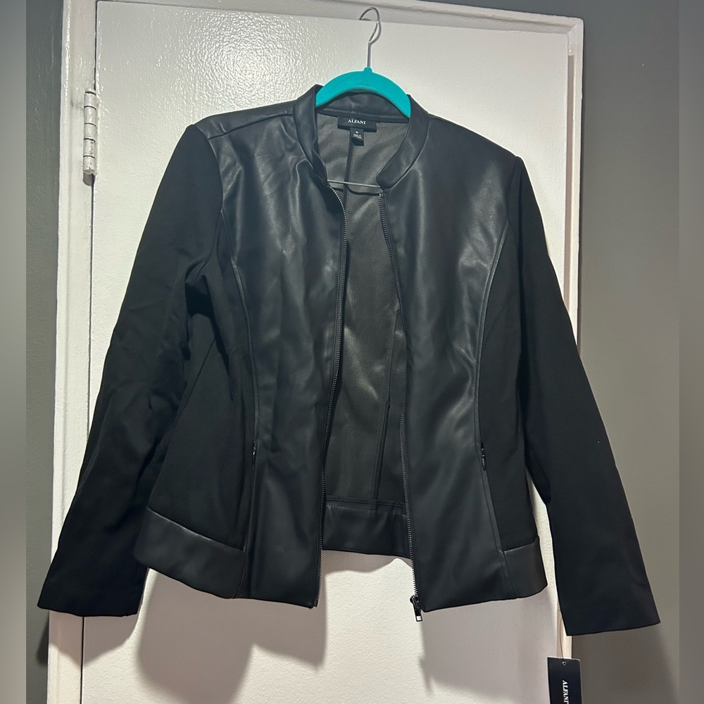 Alfani Size M zip up black faux leather jacket with zippered pockets